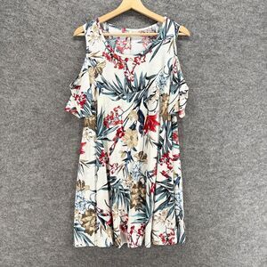 Vall Dress Women XL White Floral Shift Midi Cold Shoulder Short Sleeve Casual